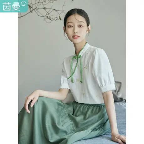 茵曼新中式盘扣小立领刺绣衬衫2023夏女装新款泡泡袖小众气质衬衣商品大图