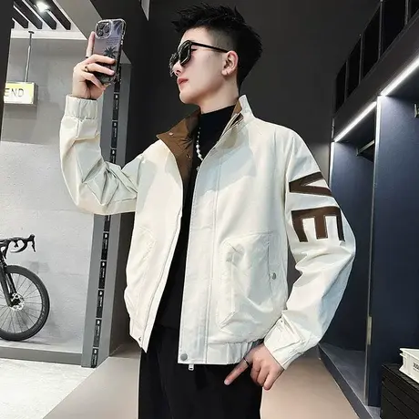 高级感撞色拼接立领夹克秋季潮牌痞帅轻熟风秋装潮男机车外套上衣商品大图