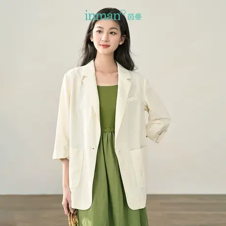 【商场同款】茵曼亚麻小西装2023秋季女装新款翻驳领七分袖上衣图片