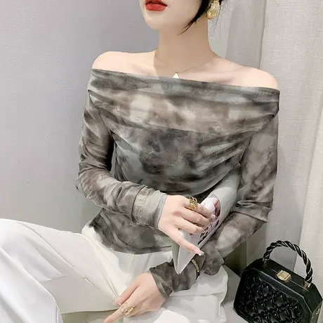 薄款网纱防晒罩衫女长袖性感气质一字领外搭上衣扎染印花露肩T恤图片