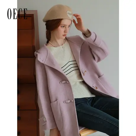 Oece复古双面呢大衣女2023秋冬季新款女装高级感中长款毛呢外套商品大图