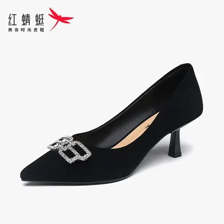 红蜻蜓女鞋黑色气质女士高跟鞋女2024新款细跟尖头夏季羊皮反绒皮图片