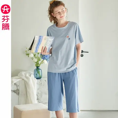 芬腾夏季短袖睡衣女士纯棉薄款七分裤夏天凉感大码韩版家居服套装商品大图