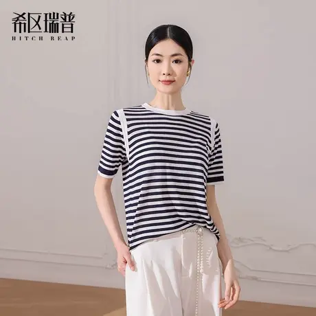 希区瑞普宽松条纹针织衫2025新款夏季时尚休闲百搭短袖圆领商品大图