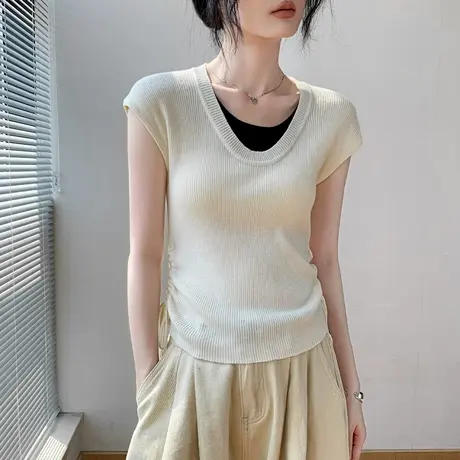 拼色假两件坎肩无袖背心上衣女2025夏季新款修身显瘦独特针织衫女商品大图
