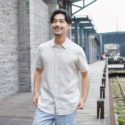 断码简约夏季亚麻短袖衬衫男修身男士翻领青年休闲衬衣宽松潮833商品大图