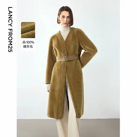 朗姿纯羊毛浴袍式大衣外套女高级感气质2024年冬季新款收腰仿皮草图片