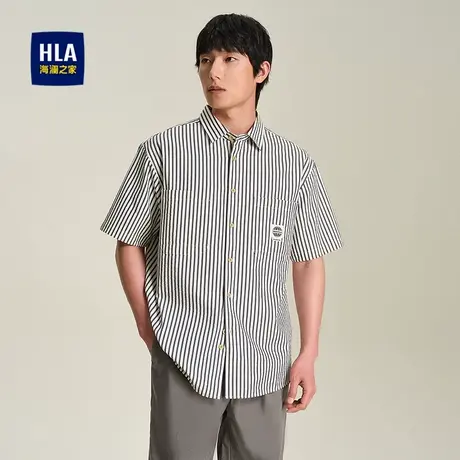 HLA/海澜之家方领短袖休闲衬衫2025夏季新款宽松条纹提花衬衣男商品大图