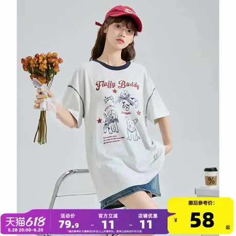 唐狮2025夏季女新款短袖T恤灰色纯棉圆领休闲时尚流行小个子女装商品大图