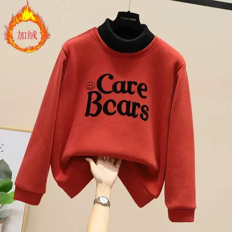 加绒加厚假两件卫衣女2023秋冬新款韩版时尚高领上衣宽松百搭T恤商品大图