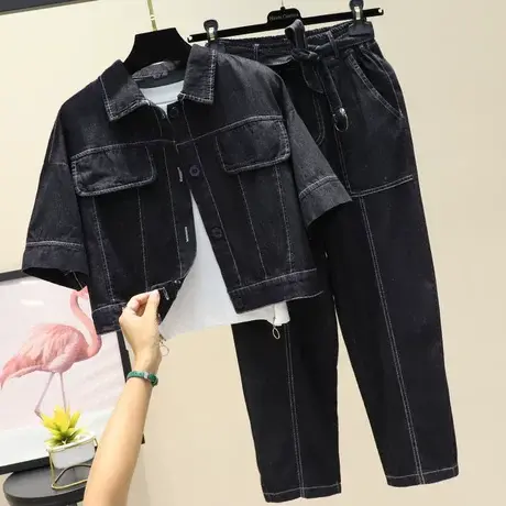 牛仔套装女2023新款韩版复古时尚短袖外套衬衣哈伦小脚裤两件套潮商品大图