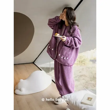 贝妍珊瑚绒睡衣女款秋冬季保暖带帽围巾家居服加厚羊羔绒条纹套装图片