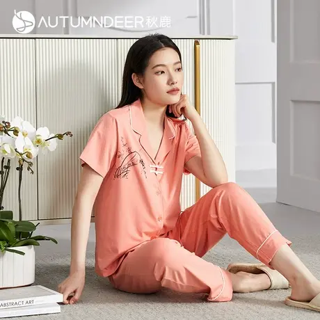 秋鹿旗下【梦伴】睡衣女夏季棉质开衫翻领短袖长裤套装休闲家居服商品大图