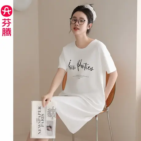 芬腾连衣裙女夏季薄款纯棉可外穿休闲宽松短袖睡衣女士睡裙子长款商品大图