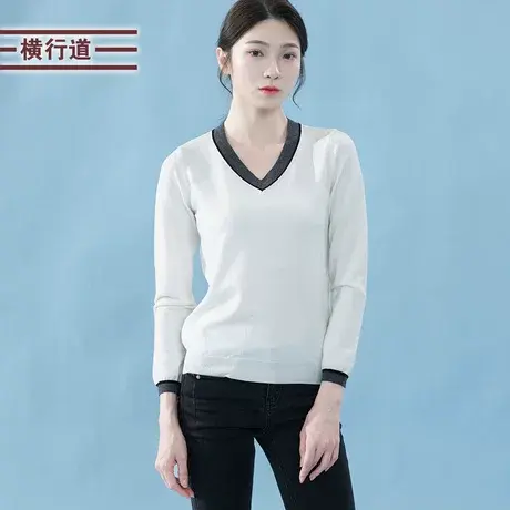 2023冬季大码女撞色v领黑色长袖休闲宽松羊毛衫白色毛衣套头上衣图片