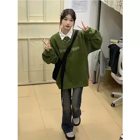 网红绿色无帽卫衣女vintage美式大码加绒加厚潮牌ins秋冬长袖上衣商品大图