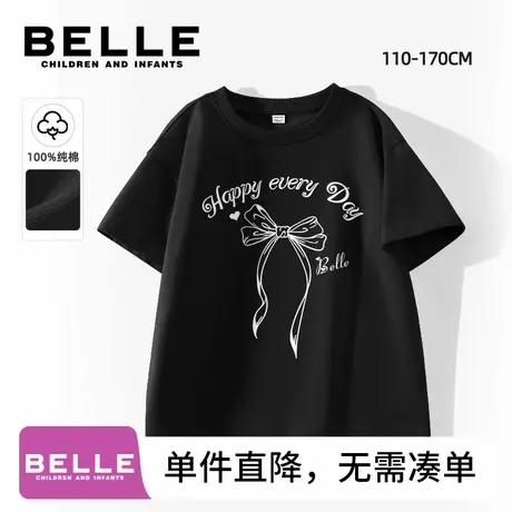 百丽童装女童短袖t恤2025新款中大童黑色蝴蝶结上衣儿童夏季体恤M图片