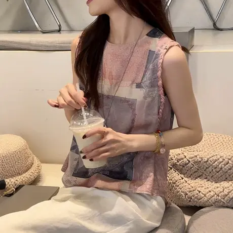 欧货设计感圆领油画背心女2025夏季时尚百搭小衫外穿洋气无袖上衣图片