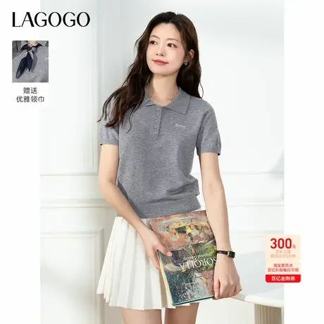 LAGOGO学院风短袖针织衫女拉谷谷2025秋季新款灰色气质POLO领上衣商品大图