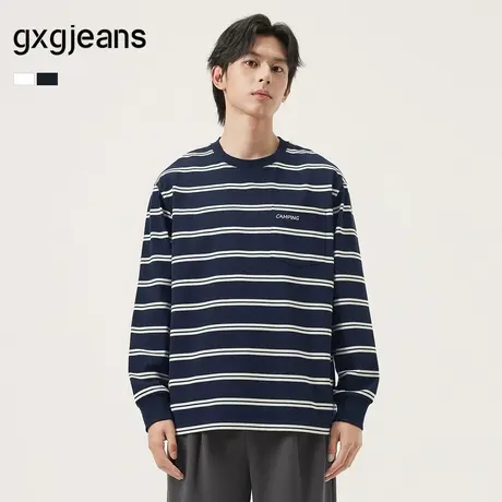 gxg.jeans男装 多色撞色条纹时尚宽松圆领长袖T恤男 25年秋新品商品大图