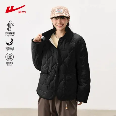 ZH回力黑色棉袄女2025新款冬季加绒保暖学院风翻领菱格休闲棉服女商品大图