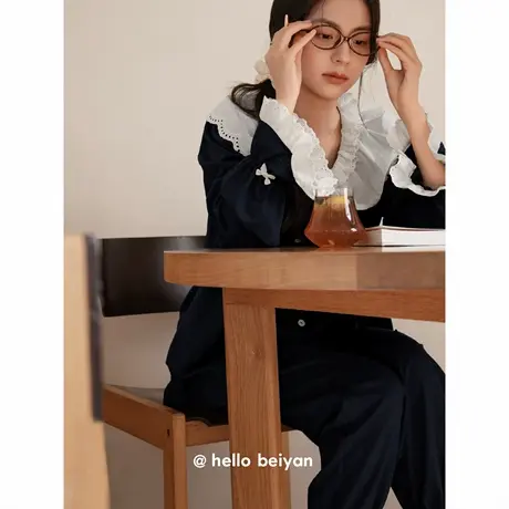 贝妍新款睡衣女春秋季莫代尔棉长袖家居服甜美气质可外穿宽松套装商品大图