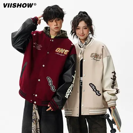 VIISHOW高街棒球领夹克男秋潮牌撞色刺绣外套美式休闲情侣上衣商品大图