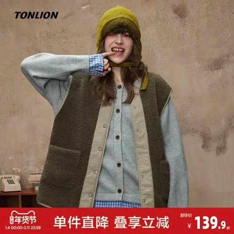 唐狮2026秋冬季新款女V领拼接仿羊羔毛马甲设计感宽松外套潮流商品大图