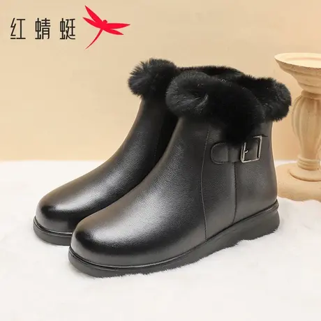 红蜻蜓女鞋2025冬季加绒保暖短筒棉靴真皮防滑中老年妈妈休闲短靴图片