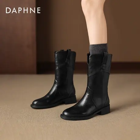 达芙妮黑色女靴子2026新款早秋冬季中筒厚底骑士保暖高跟短靴皮靴图片