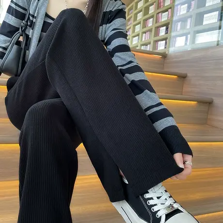 黑色窄版雪尼尔阔腿裤女秋冬新款高腰小个子针织休闲开叉直筒裤子商品大图