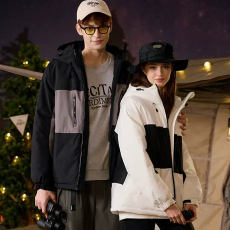 唐狮冬季新款情侣棉衣女连帽印花拼接短款防水棉服加厚上衣TD商品大图