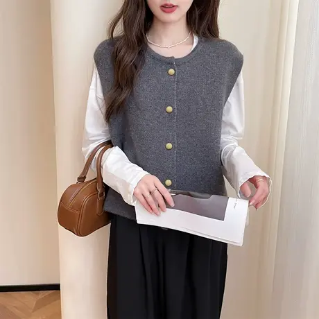 唐狮复古简约圆领开衫马甲春秋冬季红色费尔岛针织衫外套TD图片