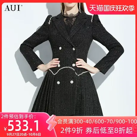 AUI黑色小香风泡泡袖毛呢外套2023女冬新款时尚气质呢子西装大衣商品大图
