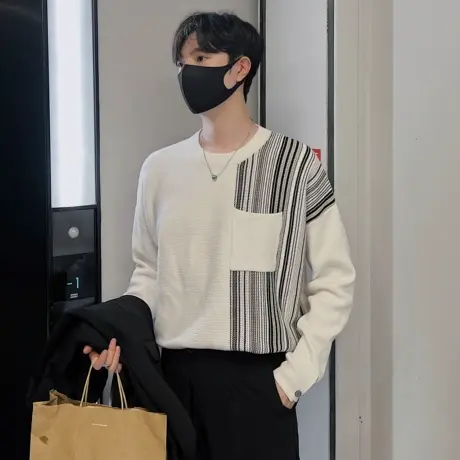 秋冬男士小众高级感撞色条纹毛衣套头宽松休闲打底针织衫线衣体恤图片