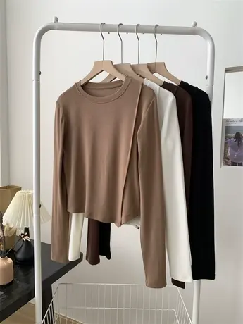 设计感不规则拼接圆领套头T恤女秋冬加厚磨毛短款保暖内搭打底衫商品大图