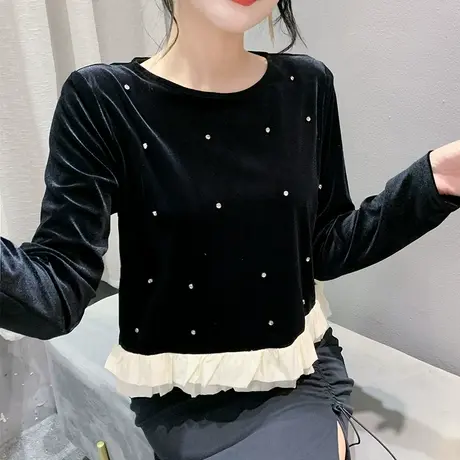 黑色丝绒圆领T恤女长袖欧货复古烫钻拼接上衣洋气收腰减龄打底衫商品大图