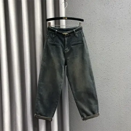 欧货哈伦裤女2023秋冬新款深蓝色假口袋休闲百搭加厚牛仔阔脚长裤商品大图