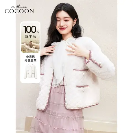 miss COCOON小香风皮草短外套女2022新款冬季特色织带修身皮草商品大图