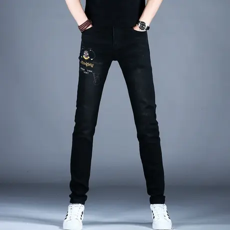 新款黑色牛仔裤秋冬款男士刺绣美式高街裤子潮牌男款弹力小脚修身商品大图