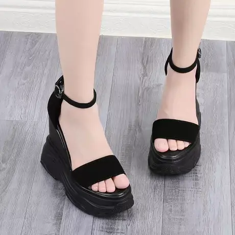 小个子坡跟凉鞋2023年新款夏季一字带真皮厚底增高14cm超高跟女鞋图片