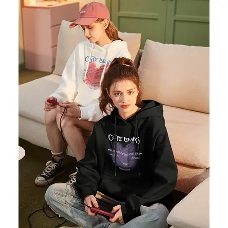唐狮2023秋季新款女卫衣连帽宽松设计感oversize可爱图案上衣外套商品大图