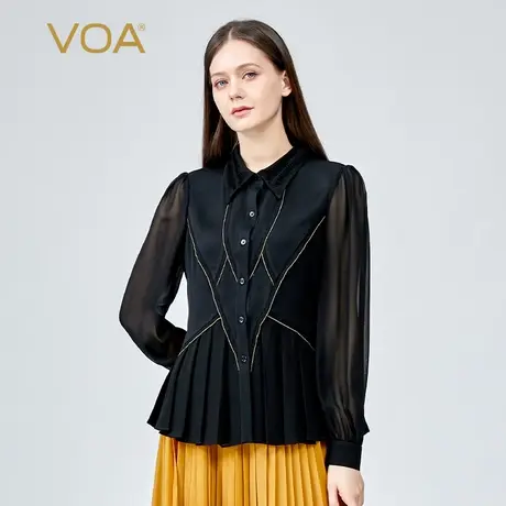 VOA真丝40姆米双面乔黑色POLO领衬衫长袖单排扣明线装饰桑蚕丝T恤图片