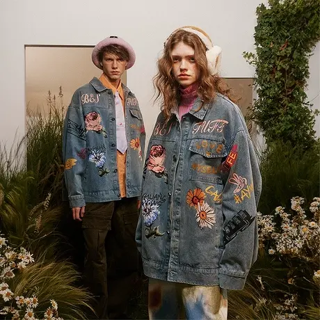 小雏菊牛仔外套女新款2023年春秋款美式潮牌复古宽松印花夹克上衣商品大图