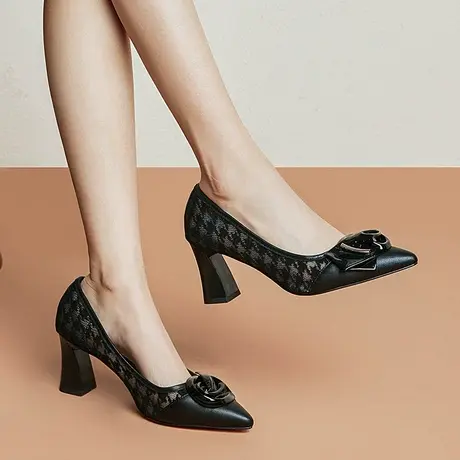 春夏新款女鞋千鸟格透气网纱优雅花朵单鞋女尖头牛皮气质高跟鞋商品大图