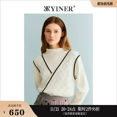 YINER音儿专选女装秋季无束立领钉珠针织衫套头上衣商品大图