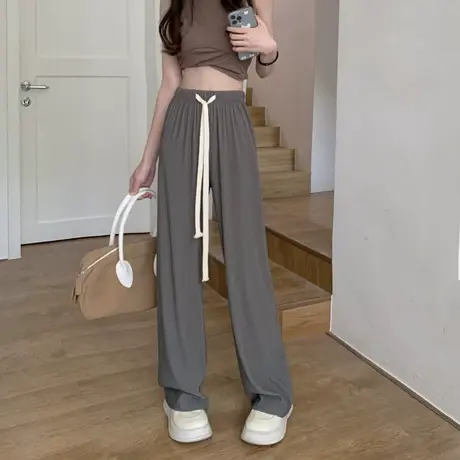 灰色阔腿运动裤女春秋季薄款2023年新款高腰垂感直筒拖地休闲裤子商品大图