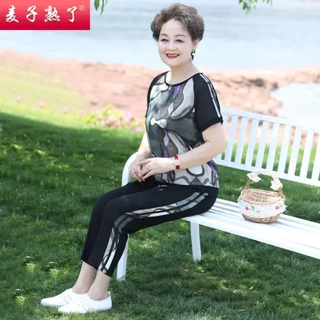妈妈夏装洋气两件套装宽松运动短袖T恤上中老年人女装衣服40岁50商品大图