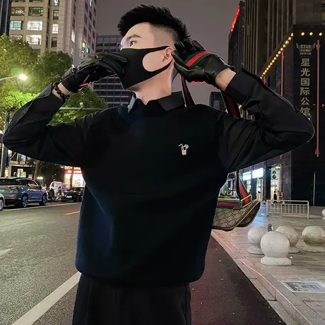 衬衫领假两件刺绣毛衣秋冬季修身打底针织衫上衣男款休闲穿搭线衣商品大图