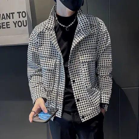 高级感工装夹克潮流休闲格子上衣春季潮牌痞帅炸街千鸟格ins外套商品大图